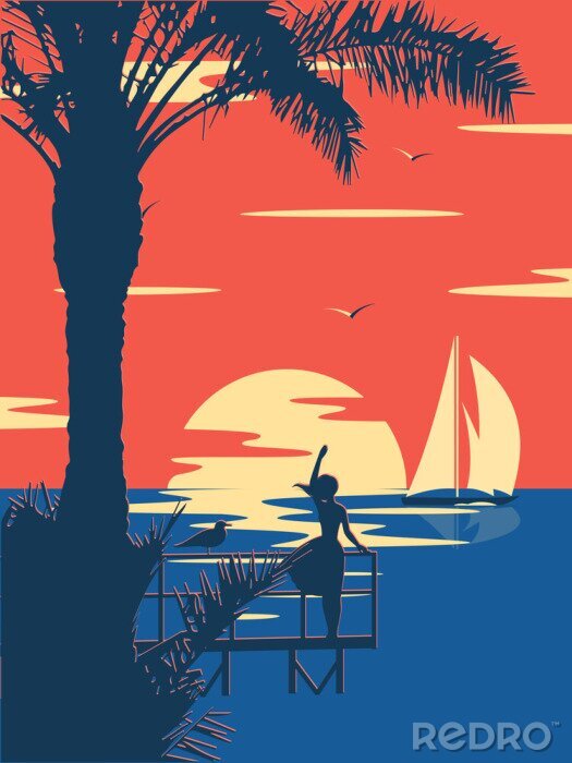 Poster  Illustration pastel sous un palmier