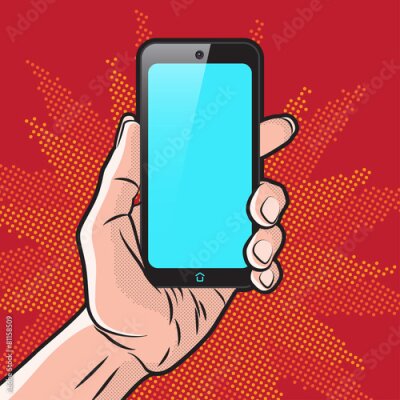 Poster  Illustration pop art représentant une main tenant un smartphone sur fond rouge