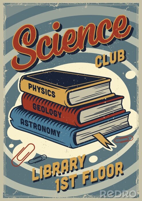 Poster  Illustration rétro avec des livres scientifiques