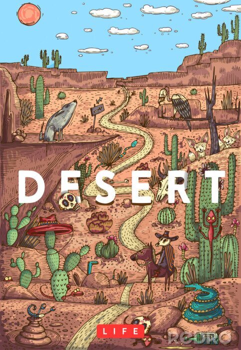 Poster  Illustration vectorielle colorée détaillée. Vie sauvage dans le désert avec des animaux, des oiseaux et des plantes
