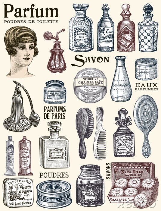 Poster  Illustration vintage avec des produits cosmétiques