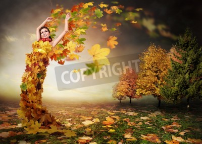 Poster  Image abstrait automne. Lady automne avec les feuilles ailes