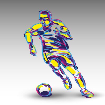 Poster  Image graphique représentant la silhouette colorée d'un joueur de football sur fond gris.