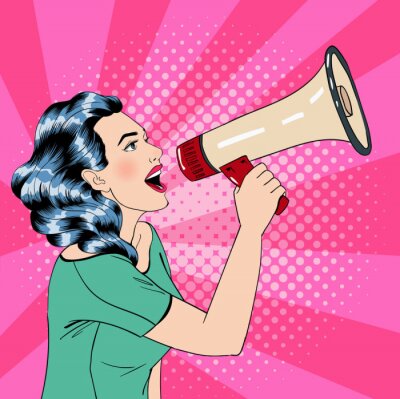 Poster  Image rétro d'une femme avec un mégaphone sur fond rose