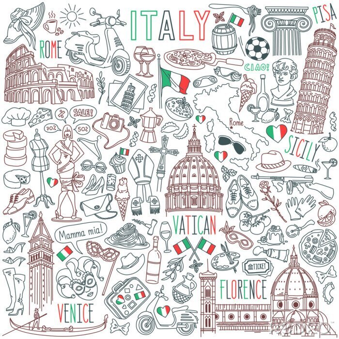 Poster  Italy doodle set. Famous landmarks and traditional Italian symbols - architecture, cuisine, Venice carnival. Objects isolated on white background