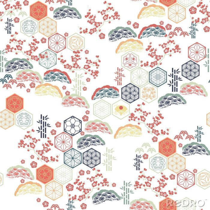 Poster  Japanese pattern vector. Red flower , Bamboo, Pine tree  elements  background.
