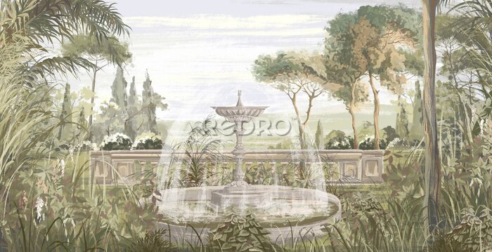Poster  Jardin classique avec fontaine