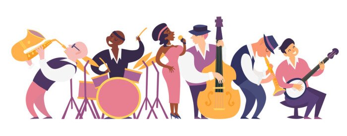 Poster  Jazz band vector colorful illustration. Cartoon jazz musicians set: contrabassist, saxophone, drum, clarinet, banjo player and singer. Isolated on white background