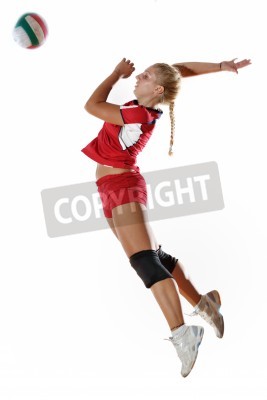 Poster  Jeu de volley-ball avec le sport neautoful jeune fille oslated onver fond blanc