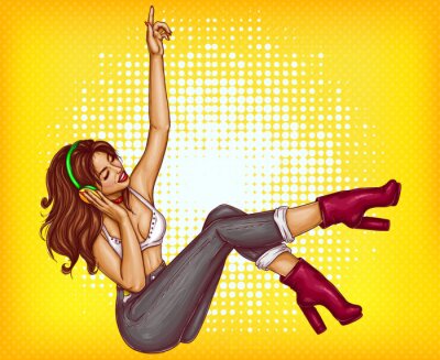 Poster  Jeune belle fille avec les cheveux bruns et un casque sur la tête, écouter de la musique, illustration vectorielle de pop art, affiche