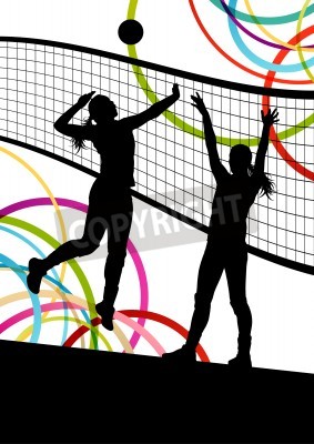 Poster  Jeunes femmes joueur de volley-ball silhouettes actives sportives couleur abstrait Illustrations dans