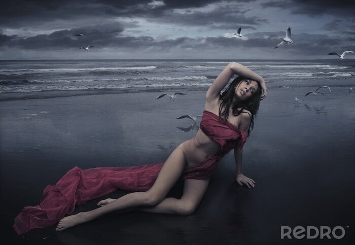 Poster  Jolie brunette posant sur la plage
