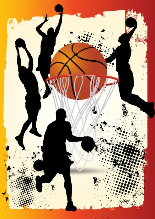 Poster  Joueur de basket saute posture avec cerceau grunge