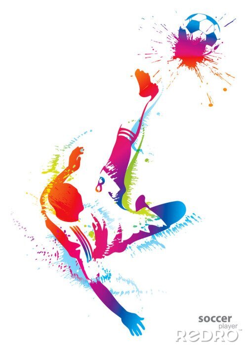 Poster  Joueur de football donnant un coup de pied au ballon graphiques sportifs multicolores