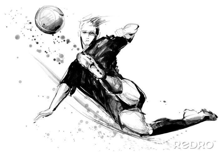 Poster  joueur de football en action sur fond blanc. Illustration de croquis dessinés à la main silhouette football
