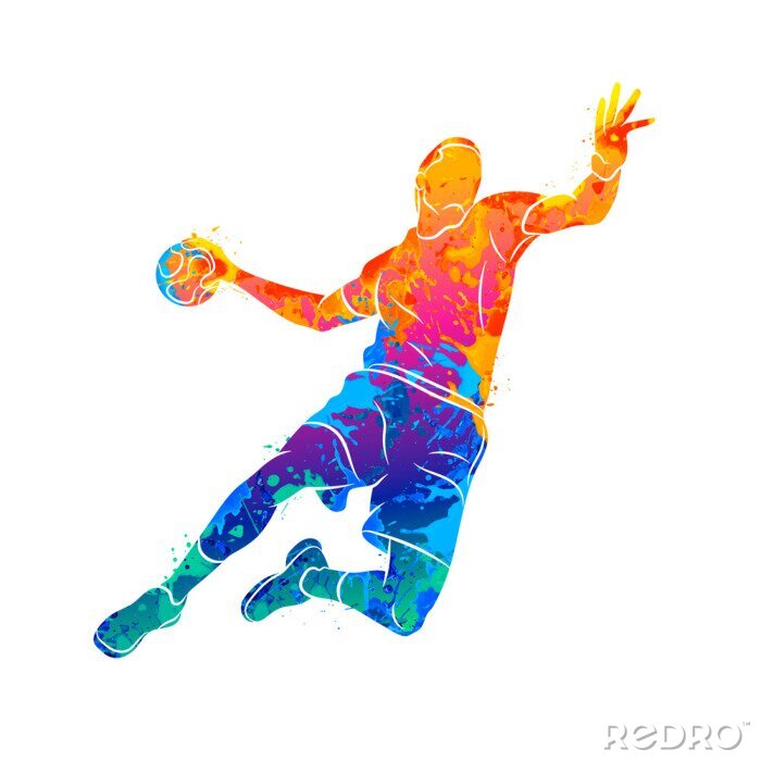 Poster  Joueur de handball abstrait sautant avec le ballon d'éclaboussures d'aquarelles