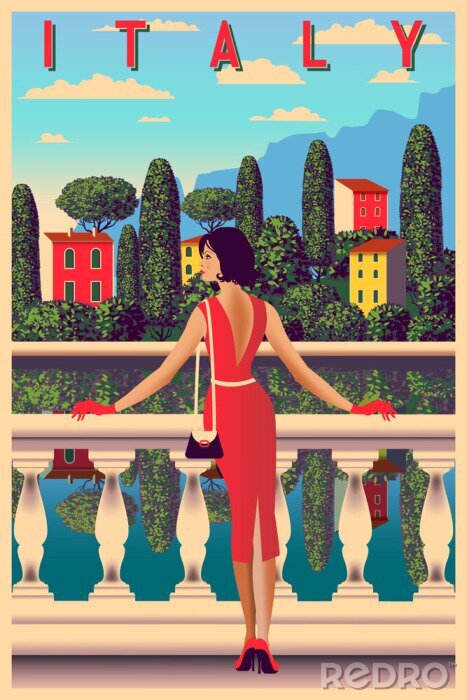 Poster  Journée d'été ensoleillée sur les rives du lac de Côme, en Italie. Illustration vectorielle dessin à la main. Peut être utilisé pour des affiches, des bannières, des cartes postales, des livres, etc.