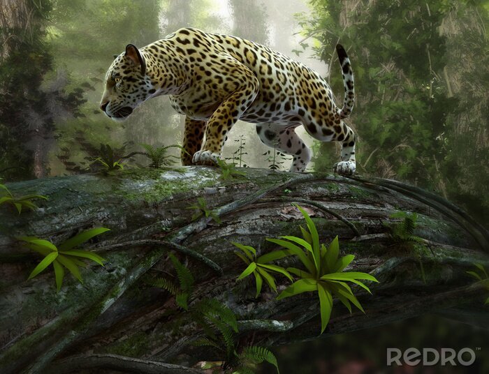 Poster  Jungle avec jaguar 3D