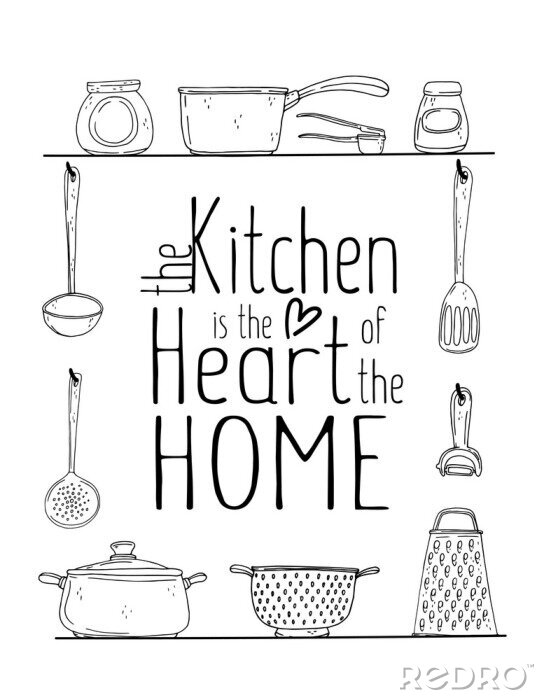 Poster  kitchen poster with hand drawn kitchenware, spice and lettering on a white background.