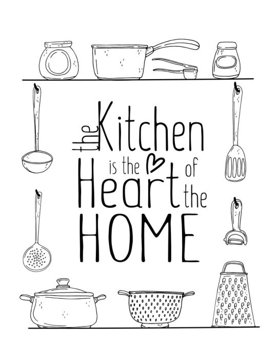 Poster  kitchen poster with hand drawn kitchenware, spice and lettering on a white background.