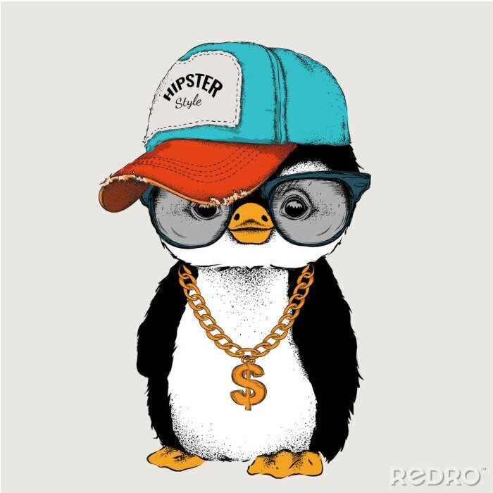 Poster  L'affiche avec le portrait de pingouin d'image dans le chapeau de hip-hop. Illustration vectorielle