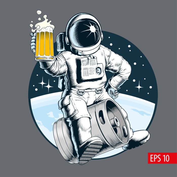 Poster  L'astronaute est assise sur un baril de bière et tient une chope de bière. Illustration vectorielle de style bande dessinée.