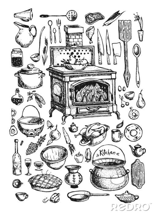 Poster  L'ensemble des ustensiles de cuisine vintage. Collection de vieux trucs de cuisine. Illustration de dessinés à la main d'encre. Four ancien, assiettes, cuillères, couteaux, casseroles, bouilloires, et