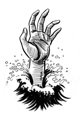 Poster  La main d'un homme qui se noie dans la mer