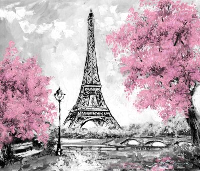 La Tour Eiffel avec des arbres roses dans un style pictural