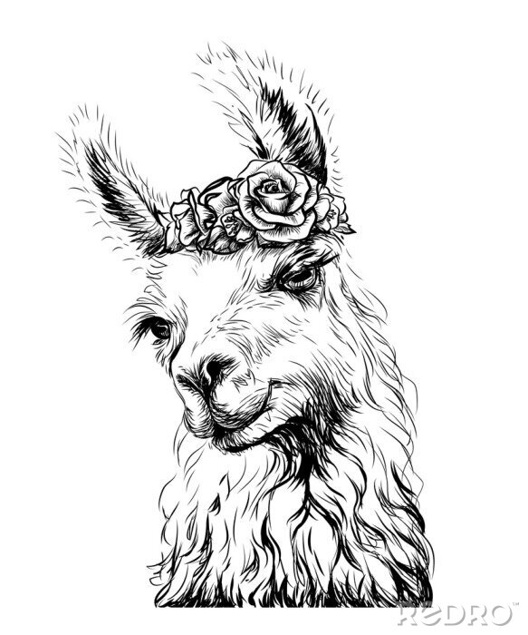 Poster  Lama noir et blanc avec une couronne sur la tête