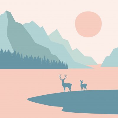Poster  Landscape, Deers on a background of mountains, forests and a lake