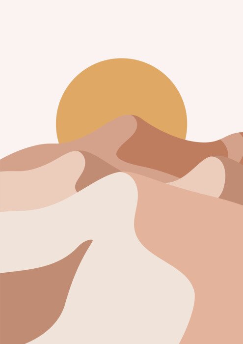 Poster  Landscape design with desert hills. Sunset in mountains. Abstract wavy shapes in trendy style. Vector backdrop.