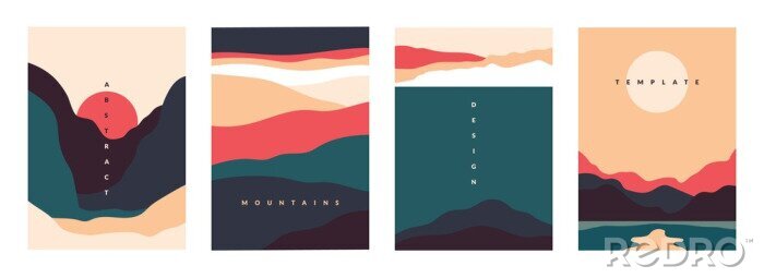 Poster  Landscape minimal poster. Abstract geometric banners with mountains lakes and waves. Vector illustration postcard travel and adventure flyers with curve nature shapes