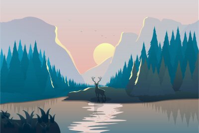 Poster  Landscape vector illustration with a deer, river, spruce forest and mountains at sunset