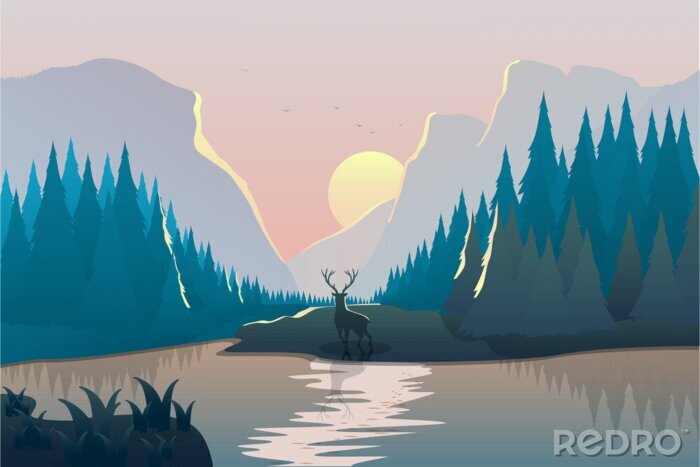 Poster  Landscape vector illustration with a deer, river, spruce forest and mountains at sunset