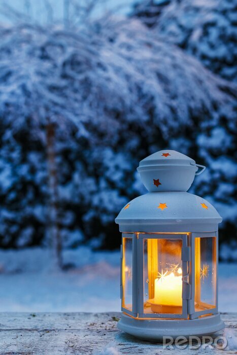 Poster  Lantern in garden, winter evening