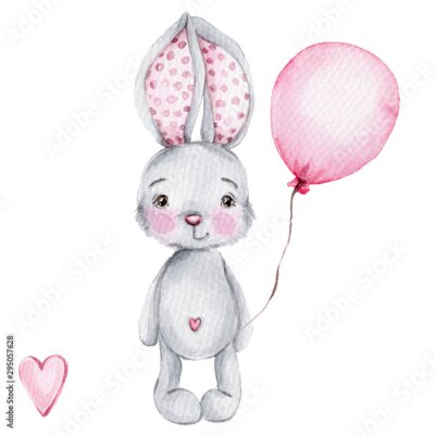 Poster  Lapin avec un ballon à l'aquarelle