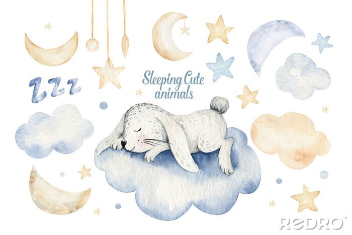 Poster  Lapin dormant sur un nuage entouré d'étoiles
