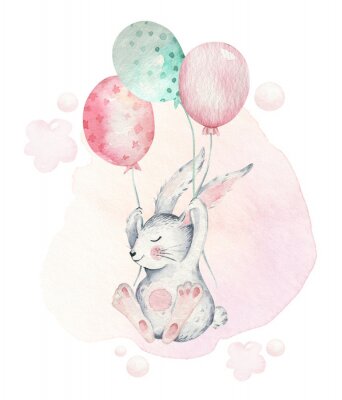 Sticker  Lapin gris volant sur des ballons
