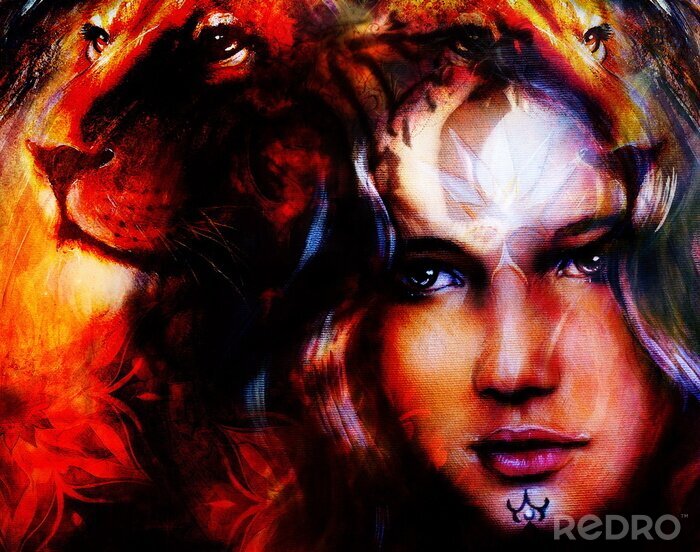 Poster  Le visage d'une femme et d'un lion