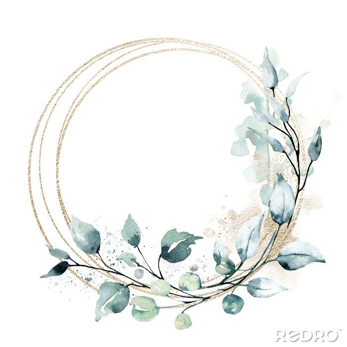 Poster  Leaves gold frame wreath border. Watercolor hand painting floral geometric background. Leaf, plant, branch isolated on white background.