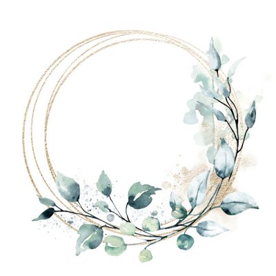 Sticker  Leaves gold frame wreath border. Watercolor hand painting floral geometric background. Leaf, plant, branch isolated on white background.