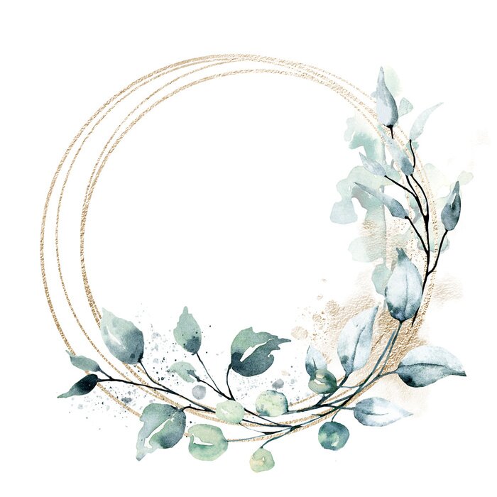 Poster  Leaves gold frame wreath border. Watercolor hand painting floral geometric background. Leaf, plant, branch isolated on white background.