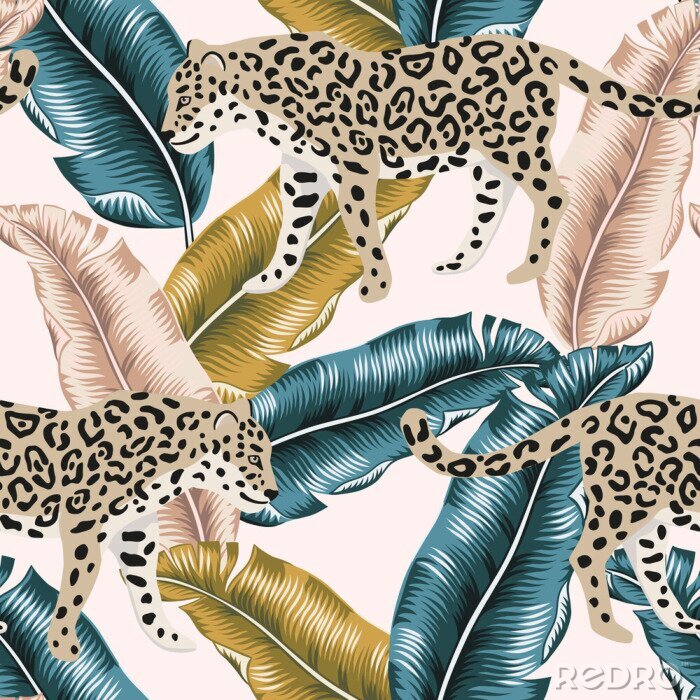 Poster  Léopards et fond avec des plantes tropicales