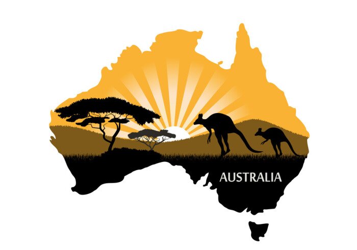 Poster  Les contours de l'Australie avec des kangourous sur fond de soleil couchant