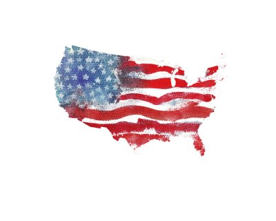 Poster  Les États-Unis d'Amérique. Texture aquarelle du drapeau américain. Carte des États-Unis.