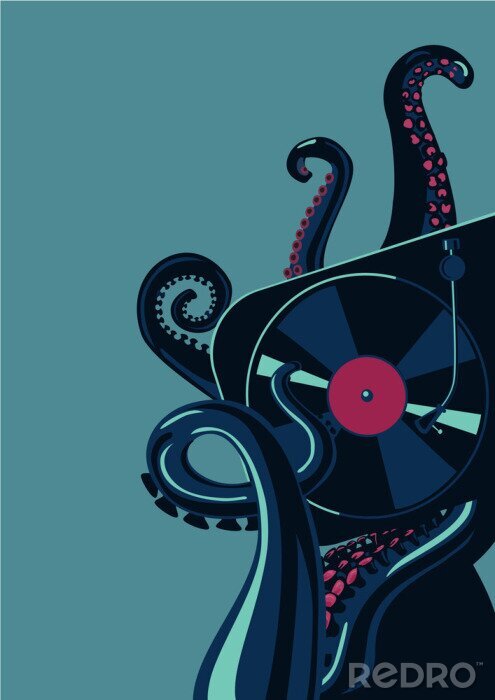 Poster  Les tentacules d'Octopus avec plateau tournant vinyle. Modèle d'affiche de fête.