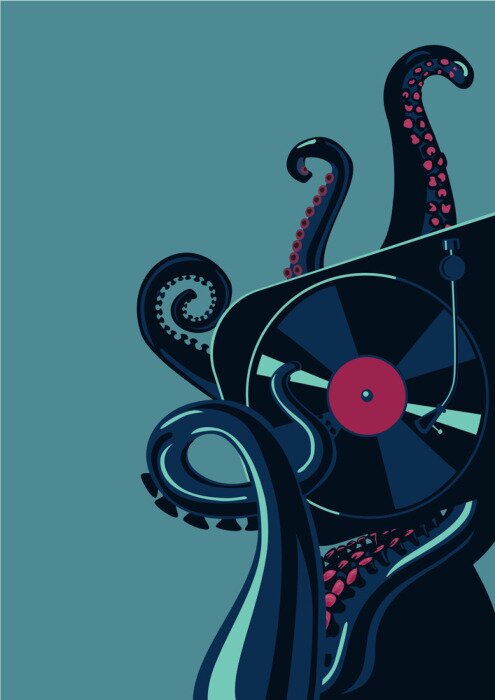 Poster  Les tentacules d'Octopus avec plateau tournant vinyle. Modèle d'affiche de fête.
