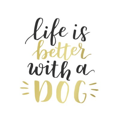 Poster  Lettre manuscrite à la main d'adoption de chien. Citation de citation de brosse sur le chien La vie est meilleure avec un chien. Vecteur de motivation avec l'encre noire et d'or sur fond blanc isolé.