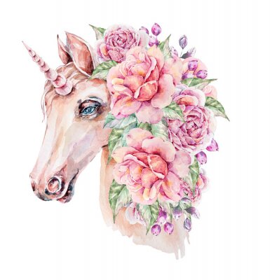 Poster  Licorne aquarelle avec des fleurs luxuriantes